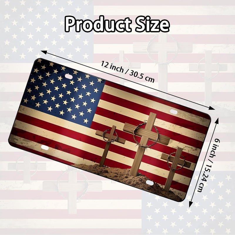 MCIAONE Front License Plate Cover, Cross License Plate Christian Aluminum Decorative Licenses Plates, America Flag Novelty Vanity Tag, Car Decor Accessory with 4 Holes, 6×12 inch Car Plates Decor - Image 2